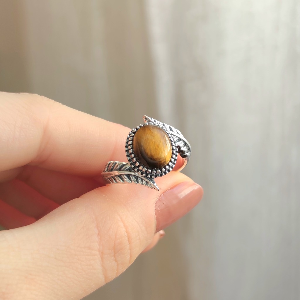 925 Silver Natural Tiger Eye Stone Ring - Angel Wings Design